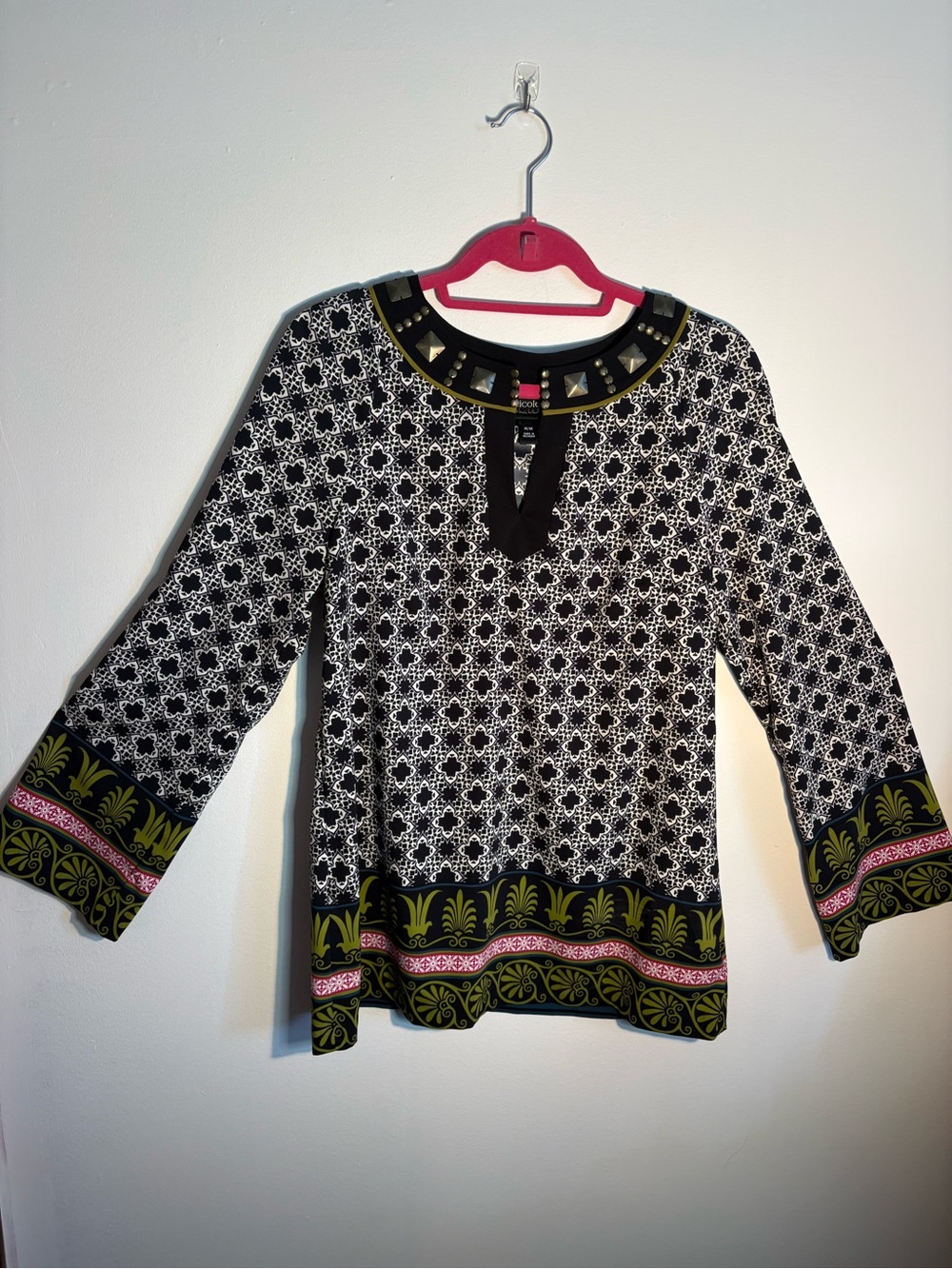 Nicole Miller Black White Print Studded Tunic Top M
